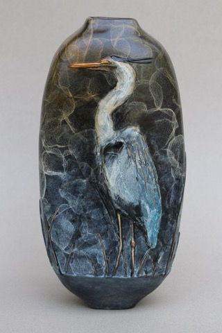 Click to view detail for FL081 Great Blue Heron Vase, 2-Sided